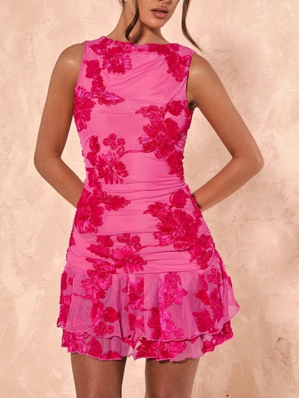 Pink  Women's Textured Mesh Double Layer Ruffle Hem Vacation Mini Dress